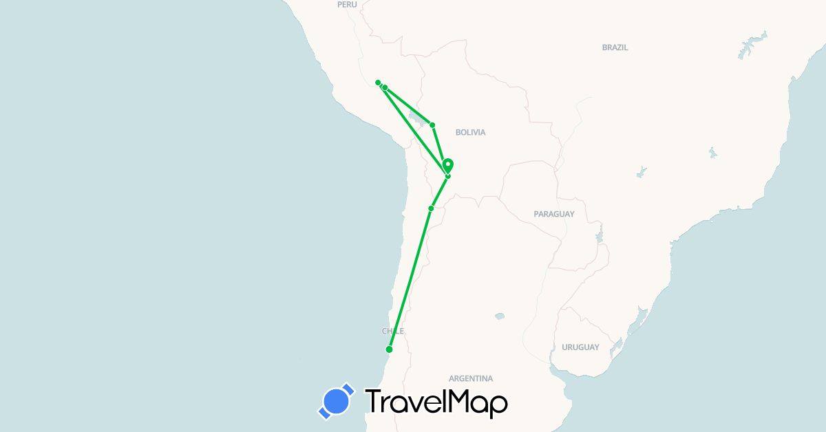 TravelMap itinerary: driving, bus in Bolivia, Chile, Peru (South America)